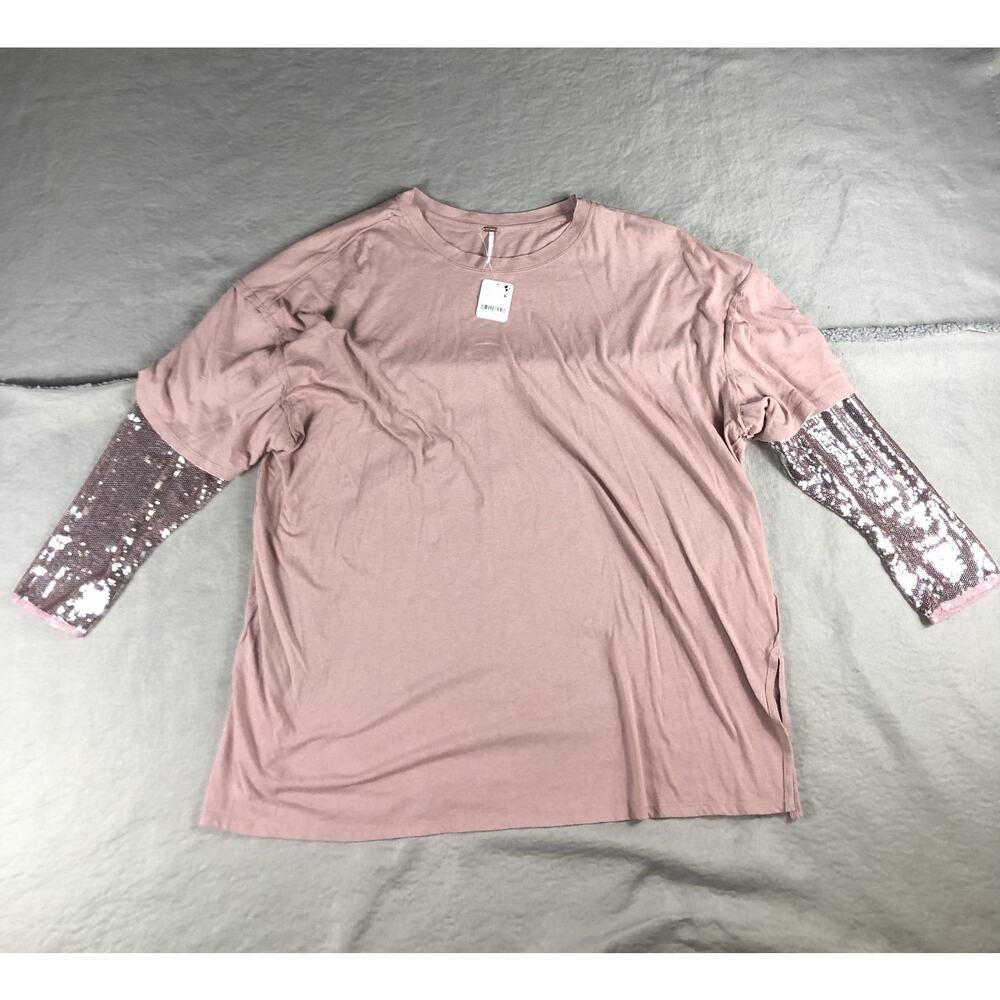 New Free People Top L Pink Mauve Nellie Sequin Twofer Oversized Blouse